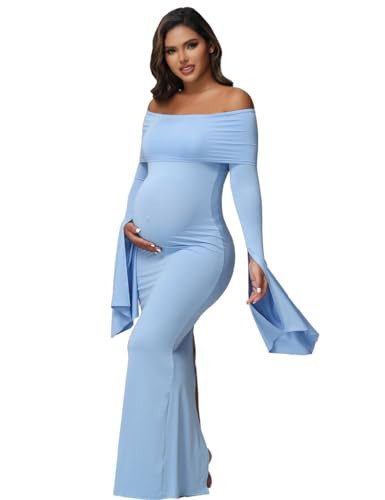 JustVH Women's Maternity Long Sleeve Off Shoulder Pregnancy Photography Dress for Baby Shower Photoshoot Party Blue | Amazon (US)