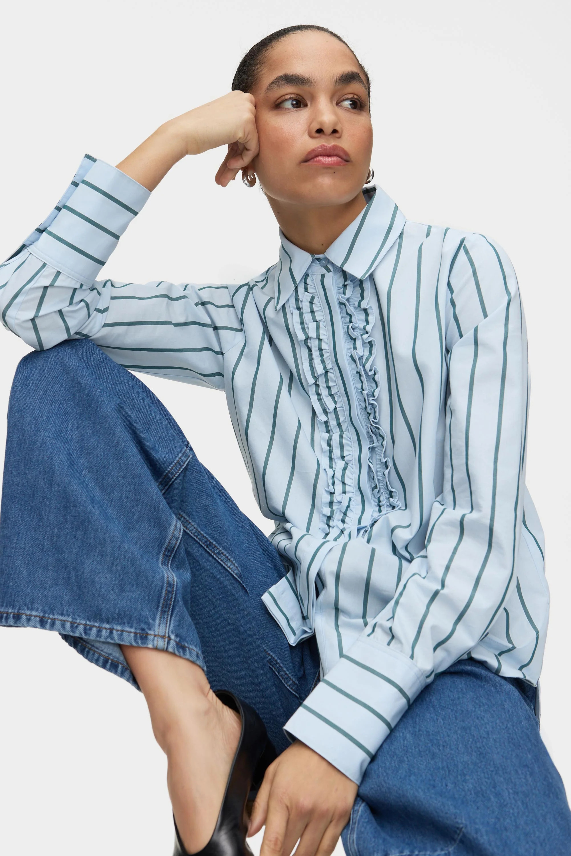 ALIGNE Ruffle Striped Shirt - Blue | Talia | ALIGNE UK & EU