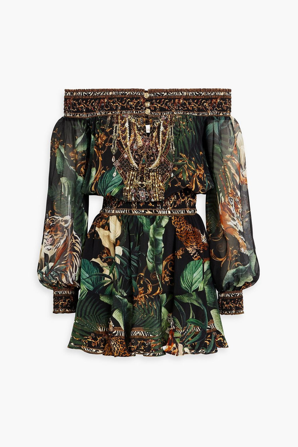Off-the-shoulder crystal-embellished printed silk crepe de chine mini dress | The Outnet (US and CA)