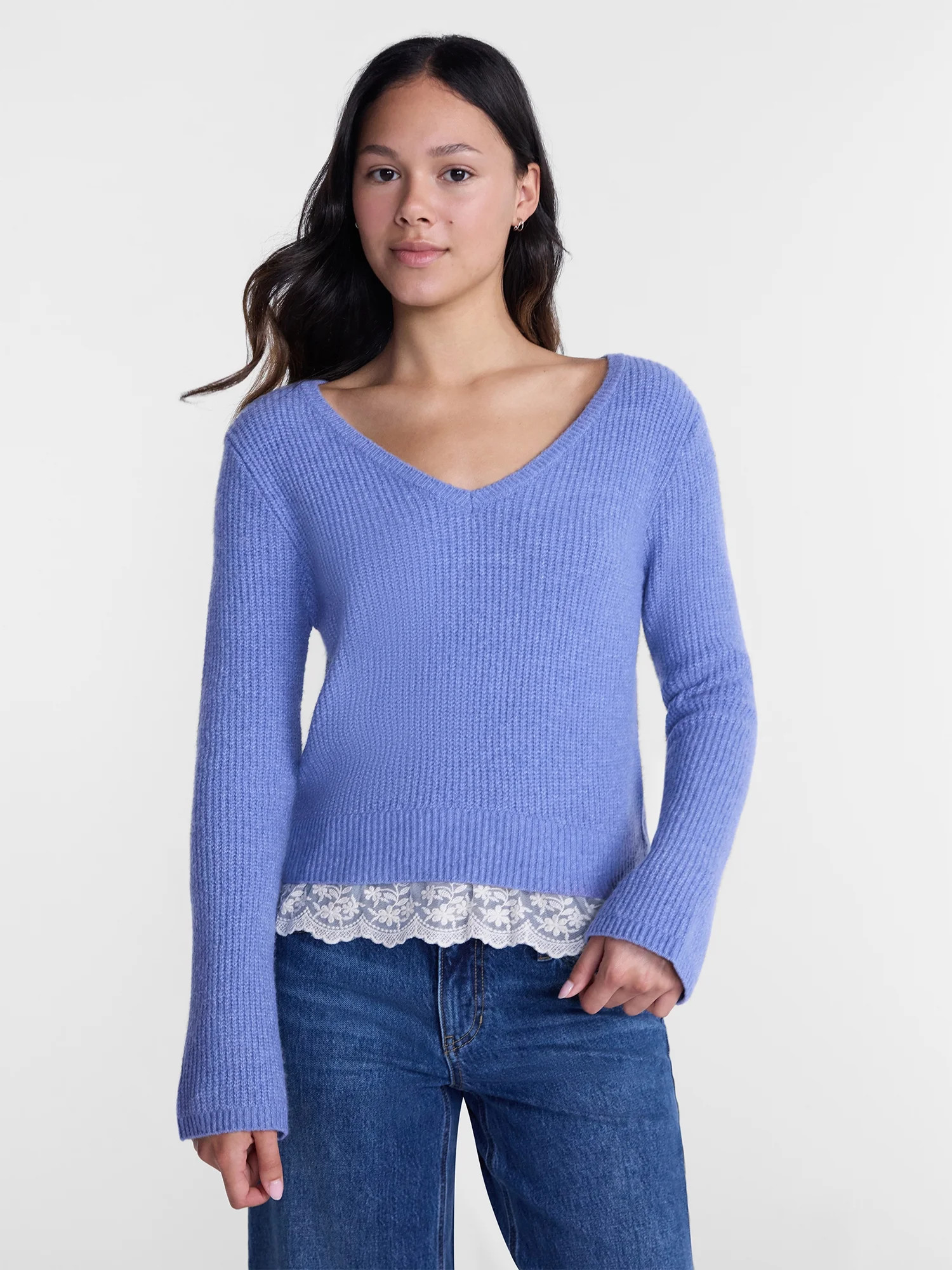 No Boundaries V-Neck Pullover Sweater with Lace Trim, Women's, Sizes XS-XXXL | Walmart (US)