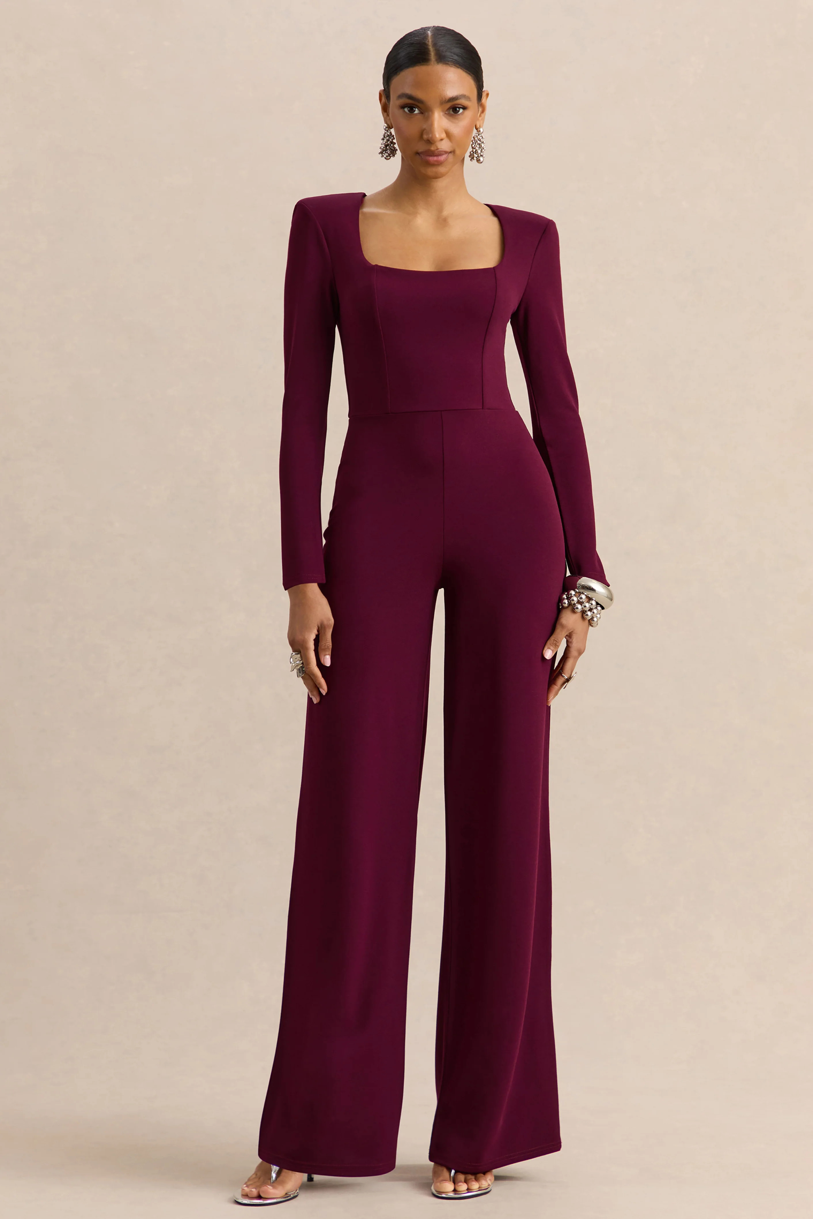 Elasse | Burgundy Square-Neck Jumpsuit | Club L London