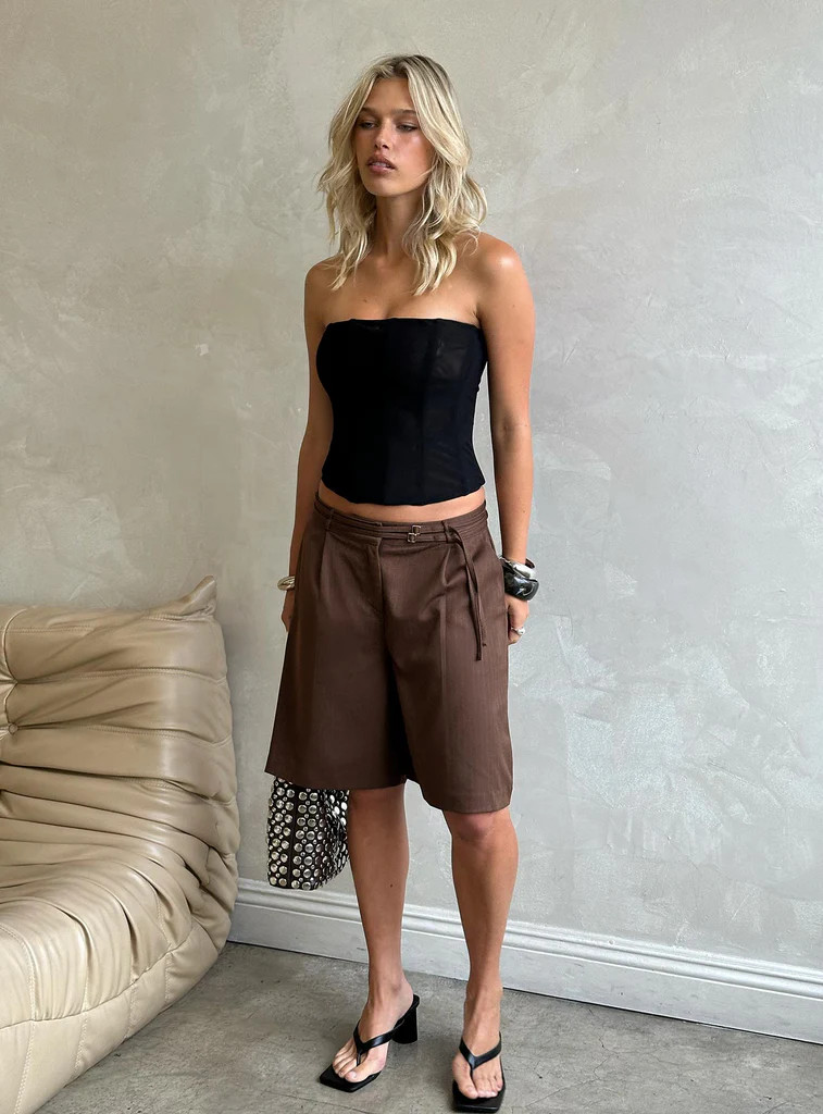 Lorina Tailored Longline Shorts Brown Pinstripe | Princess Polly US