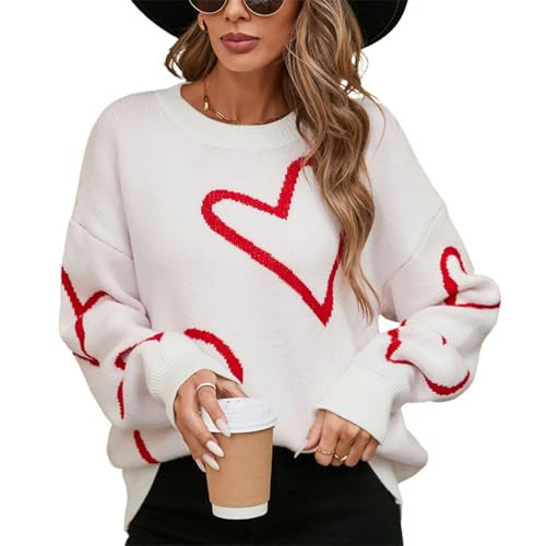 Women Heart Sweaters Long Sleeve Loose Fit Pullover Tops Valentines Day Knit Sweater for Teen Girls Streetwear (White Red, L) | Amazon (US)