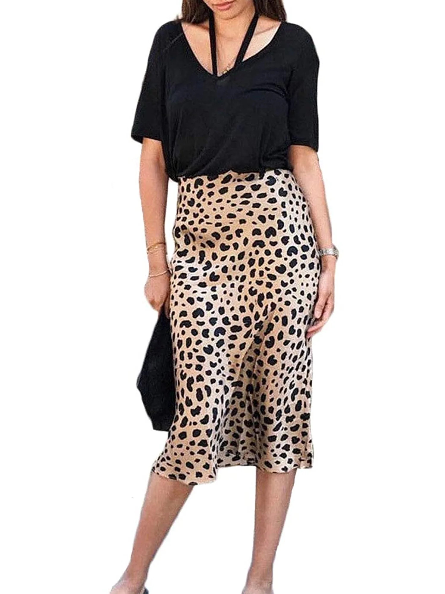 Woshilaocai Ladies Silk Leopard Print High Waist Midi Skirt - Walmart.com | Walmart (US)