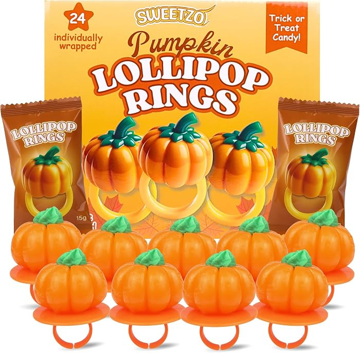 Pumpkin Lollipop Rings, Halloween Candy, Individually Wrapped, 24 Count | Amazon (US)