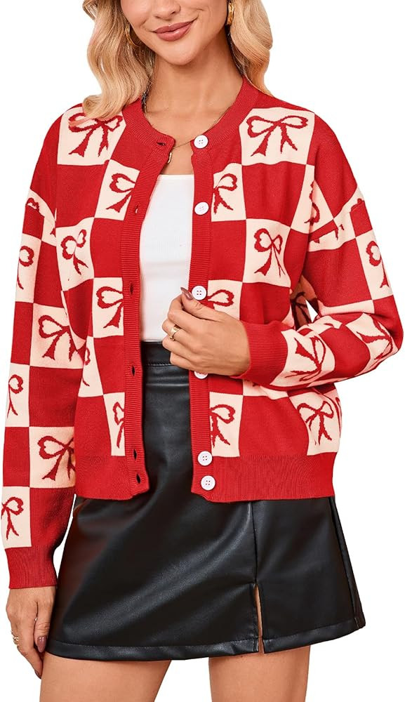 Women's Checkered Bow Cardigan Sweater Color Block Crew Neck Button Down Knit Coat | Amazon (US)