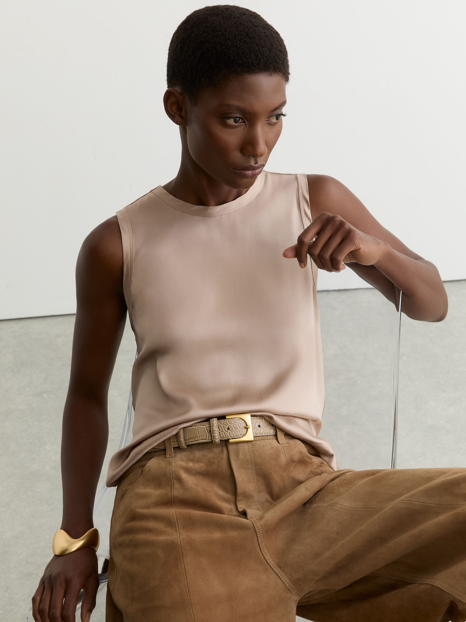 Silk-Front Jersey Vest in Bronze | Reiss UK