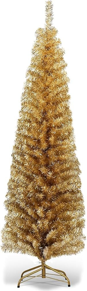 DORTALA Gold Pencil Christmas Tree 6FT, Slim Unlit Xmas Tree with Metal Stand, 520 Branch Tips, D... | Amazon (US)