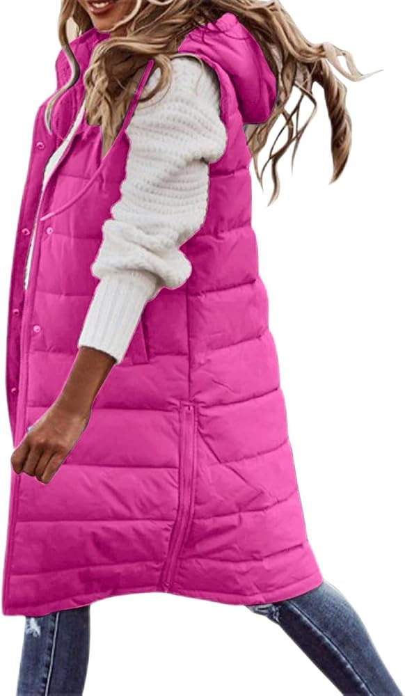 Women Long Vest with Hood Ovesized Fall Casual Sleeveless Button Down Jackets Warm Winter Coats O... | Amazon (US)