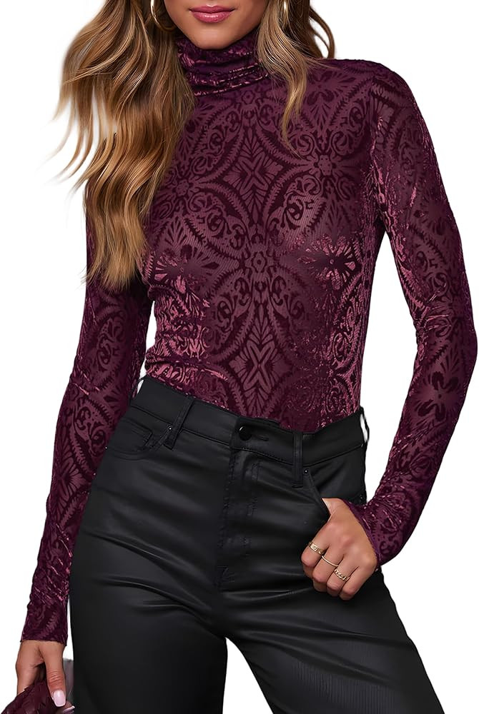 OMSJ Womens Velvet Burnout Tops Slim Fit Turtleneck Top Long Sleeve Semi See Through Elegant Shir... | Amazon (US)
