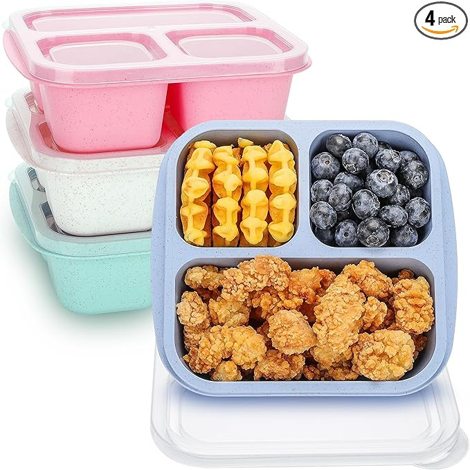 Bento Box For Kids, 4 Pack 3 Compartments Meal Prep Containers Reusable Lunch Containers, Food St... | Amazon (US)