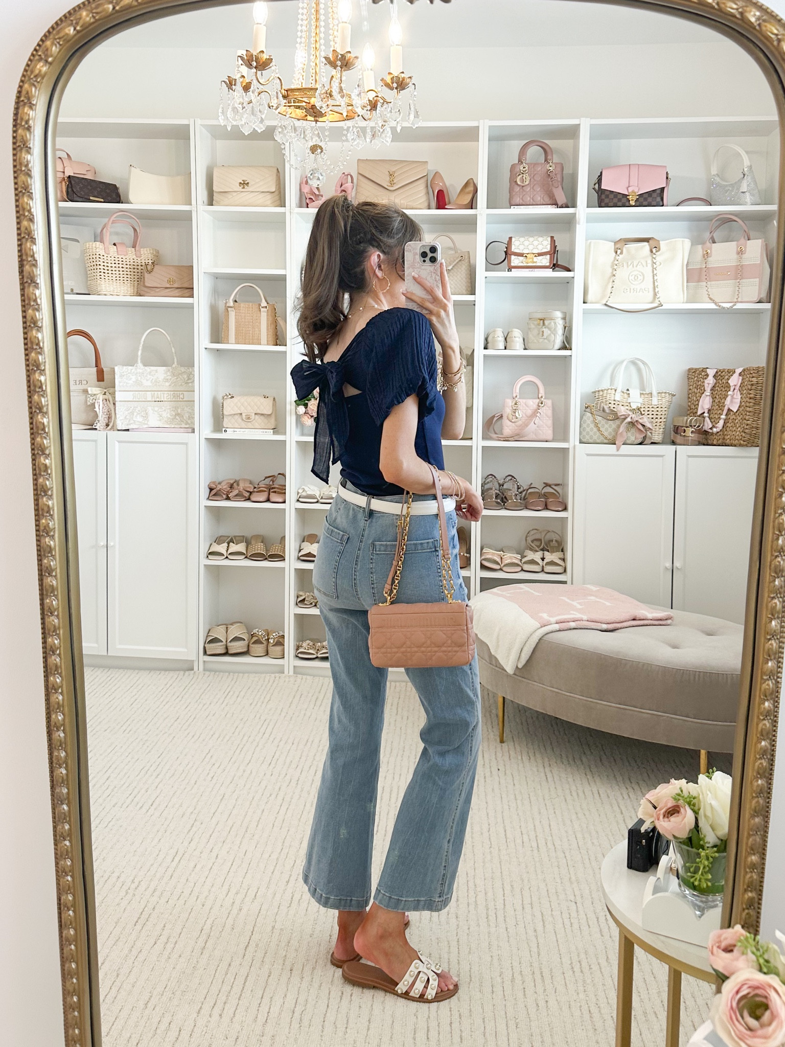 How darling is this bow back top!!? 40% off from loft! Styled with Walmart jeans. 

#LTKfindsunder50 #LTKsalealert #LTKSeasonal