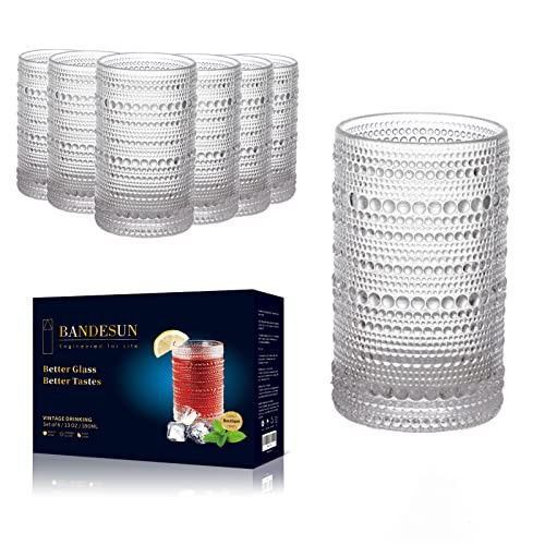Bandesun Romantic Highball Glasses Set of 6, 12 oz Hobnail Glassware, Embossed Vintage Drinking Glasses for Beer, Cocktail, Soda, Beverage | Amazon (US)