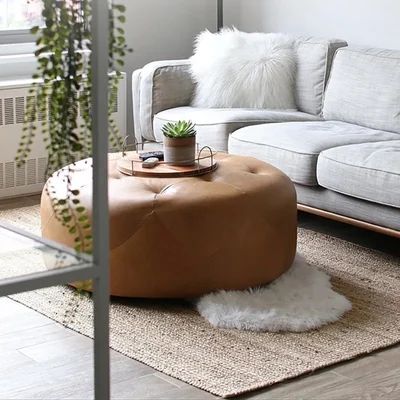 Brown 35.4''Dia Round Tufted Faux Leather Ottoman Coffee Table Upholstered Stool-Homary | Homary