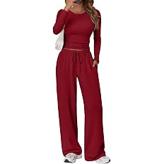 Trendy Queen Women's 2 Piece Matching Lounge Set Long Sleeve Side Ruching Top Wide Leg Drawstring... | Amazon (US)