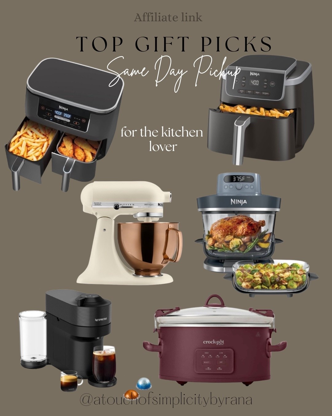 Looking for last minute gift ideas for the kitchen lover in your life? Here are some gift options with same day pickup! 

Air fryer, kitchen aid, mixer, crock pot, kitchen finds, coffee machine , ninja, gift guides, gifts for her, gifts for the cook, gifts for the chef, 2 basket air fryer, stand mixer, copper bowl, ninja Crispi , espresso and coffee maker 

#LTKHome #LTKGiftGuide #LTKHoliday