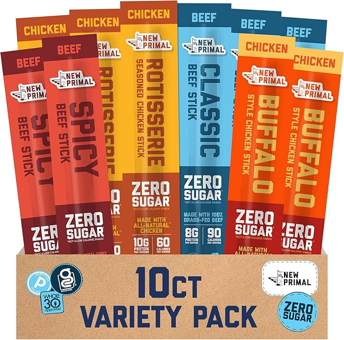 New Primal Meat Sticks Sampler, Grass-Fed Beef, All Natural Chicken, Keto & Gluten Free Healthy S... | Amazon (US)