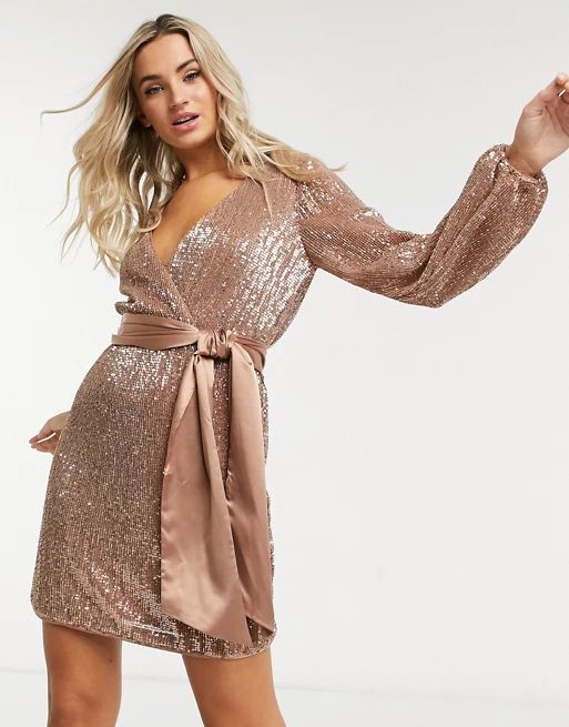 Ever New sequin wrap mini dress in copper | ASOS (Global)