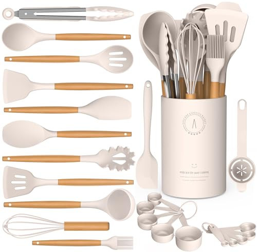 Silicone Cooking Utensils Set - AVGPD Silicone Kitchen Utensils for Cooking Wooden Handles, 446°F Heat Resistant Kitchen Utensil Spatula Sets w Holder, Gadgets for Non-Stick Cookware BPA FREE (Khaki) | Amazon (US)