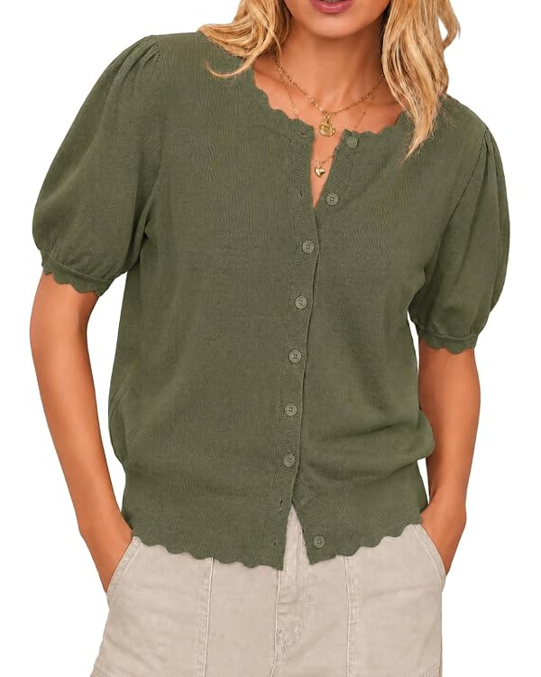 Cardigan Sweaters for Women Short Sleeve Knit Tops Scalloped Crewneck Puff Sleeves Button Up Card... | Amazon (US)