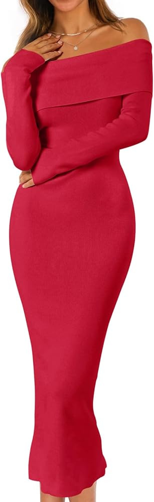 MEROKEETY Women's Fall Off Shoulder Bodycon Sweater Dress 2025 Formal Long Sleeve Elegant Club Pa... | Amazon (US)