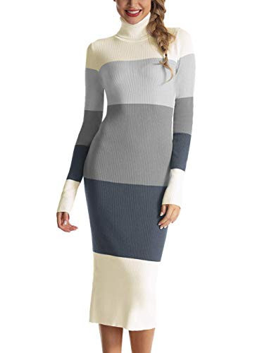 Rocorose Women's Sweater Dress Long Sleeve Slim Fit Retro Chic Colorblock Stripe Sweater Beige and Grey M | Amazon (US)