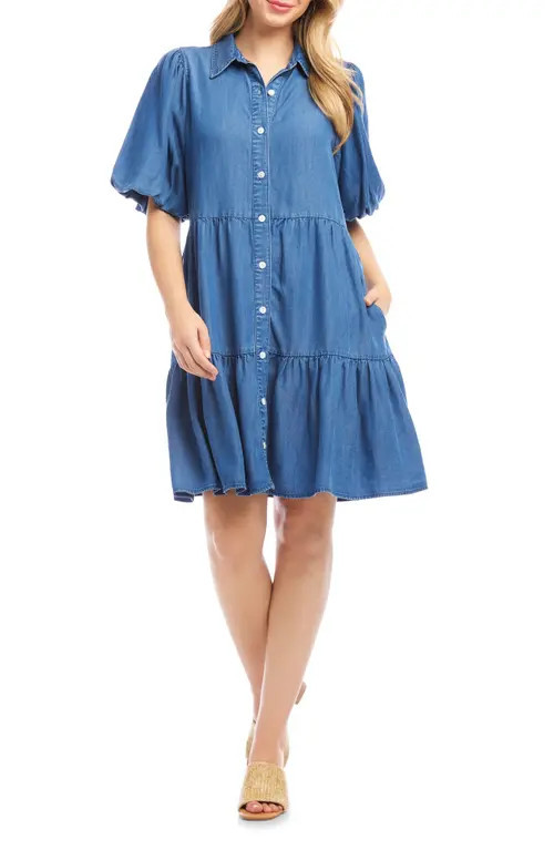Karen Kane Tiered Denim Shirtdress in Blue at Nordstrom, Size Medium | Nordstrom