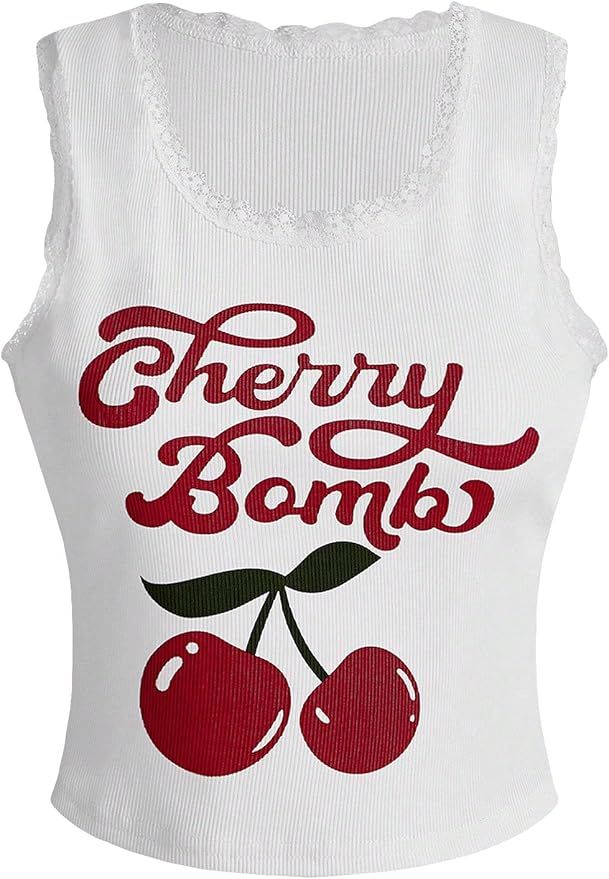 Verdusa Women's Y2K Sleeveless Round Neck Cherry Letter Print Tank Top | Amazon (US)