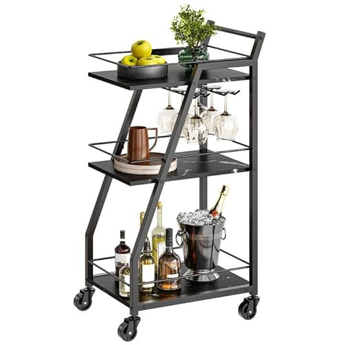 YATINEY Bar Cart, 3-Tier Home Bar Serving Cart with Wheels, Drink Cart with Glass Holder, Beverage Cart, Rolling Kitchen Cart, for Home, Living Room, Marble Black and Black BC03BM | Amazon (US)