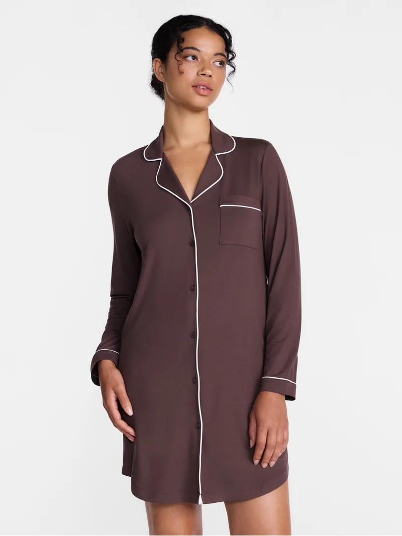 Joyspun Women's Dreamy Soft Collection Notch Collar Sleepshirt with Long Sleeves, Sizes XS-3X | Walmart (US)