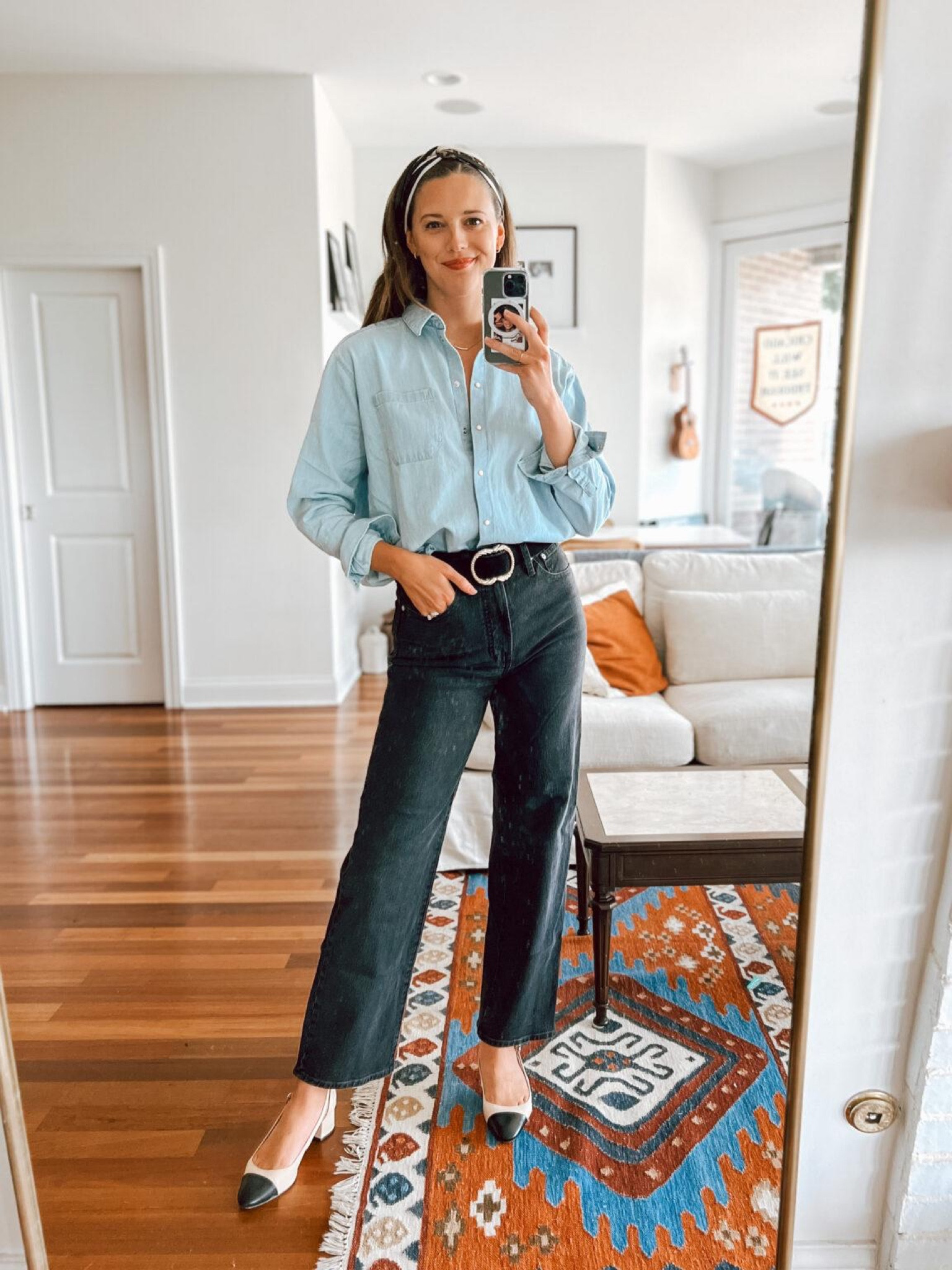 Smart casual fall outfit idea. How to style a denim shirt. 

Sezane Denim Max Shirt size 4 
Madewell wide-leg jeans size 26 (TTS)
Sezane Artemis belt 
Old pumps- linked similar

Jeans, fall outfits, work outfit 

#LTKshoecrush #LTKworkwear #LTKSeasonal