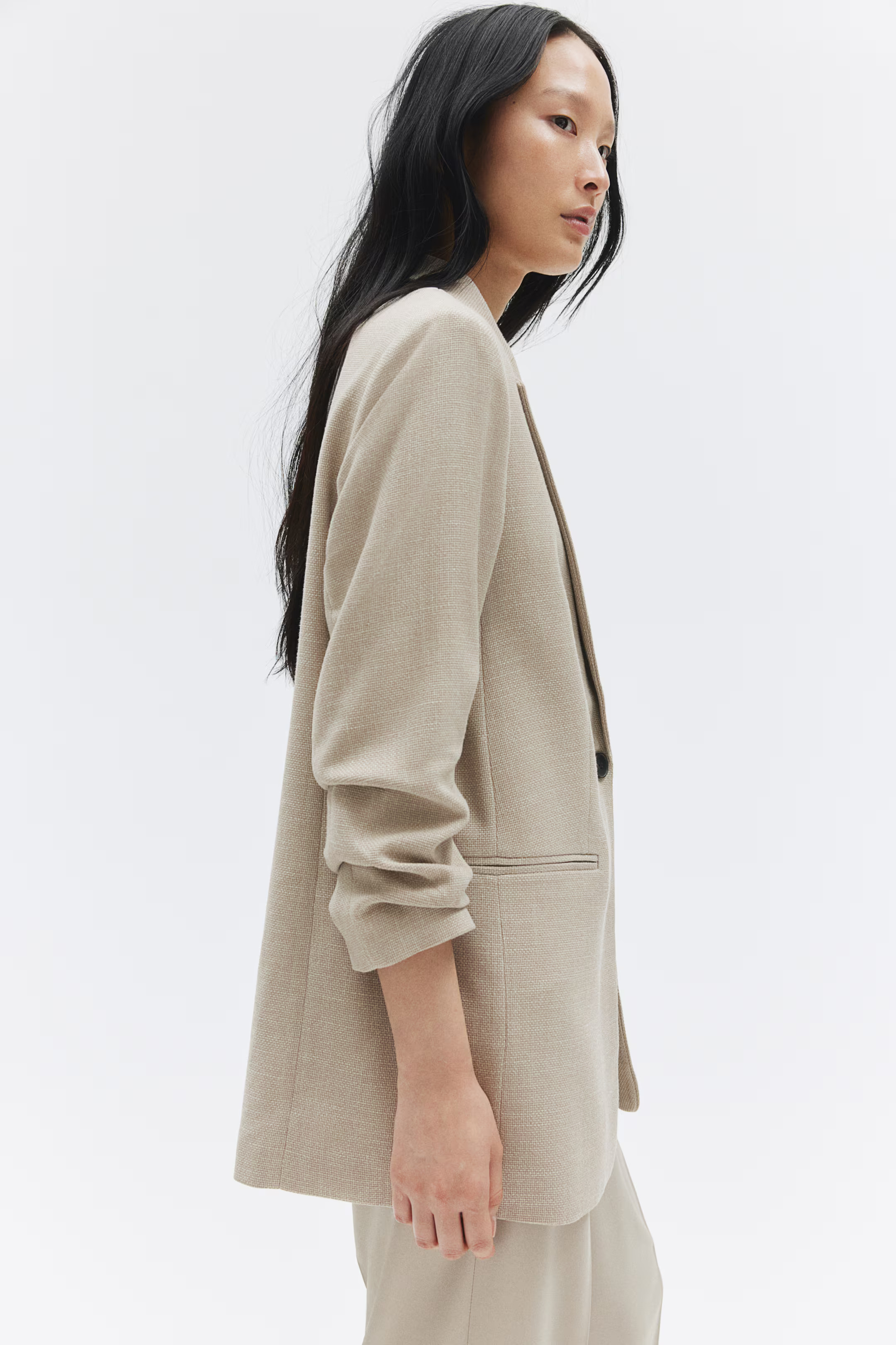 Gathered-Sleeve Jacket - 3/4 sleeve - Long - Beige - Ladies | H&M US | H&M (US + CA)