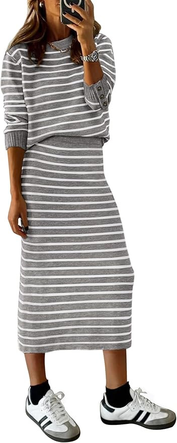 PRETTYGARDEN 2 Piece Skirts Sets for Women Fall Fashion 2026 Striped Sweater Dress Knit Lounge Tr... | Amazon (US)