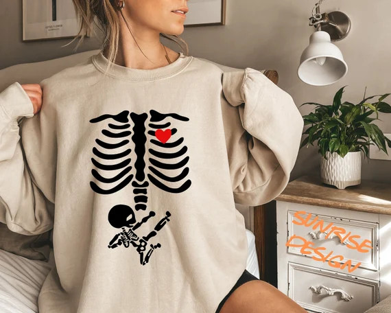 Halloween Sweatshirt, Skeleton Sweatshirt, Skeleton Maternity Shirt, Pregnancy Sweatshirt, Pregna... | Etsy (US)