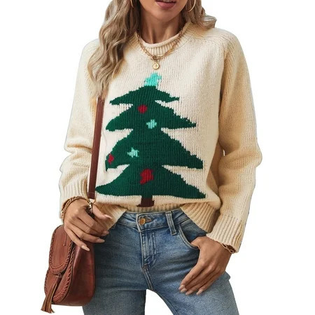 Womens Sweaters Crew Neck Pullover Festive Christmas Tree Sweaters for Womens Cozy Cream Knit with Colorful Christmas Tree Design | Walmart (US)