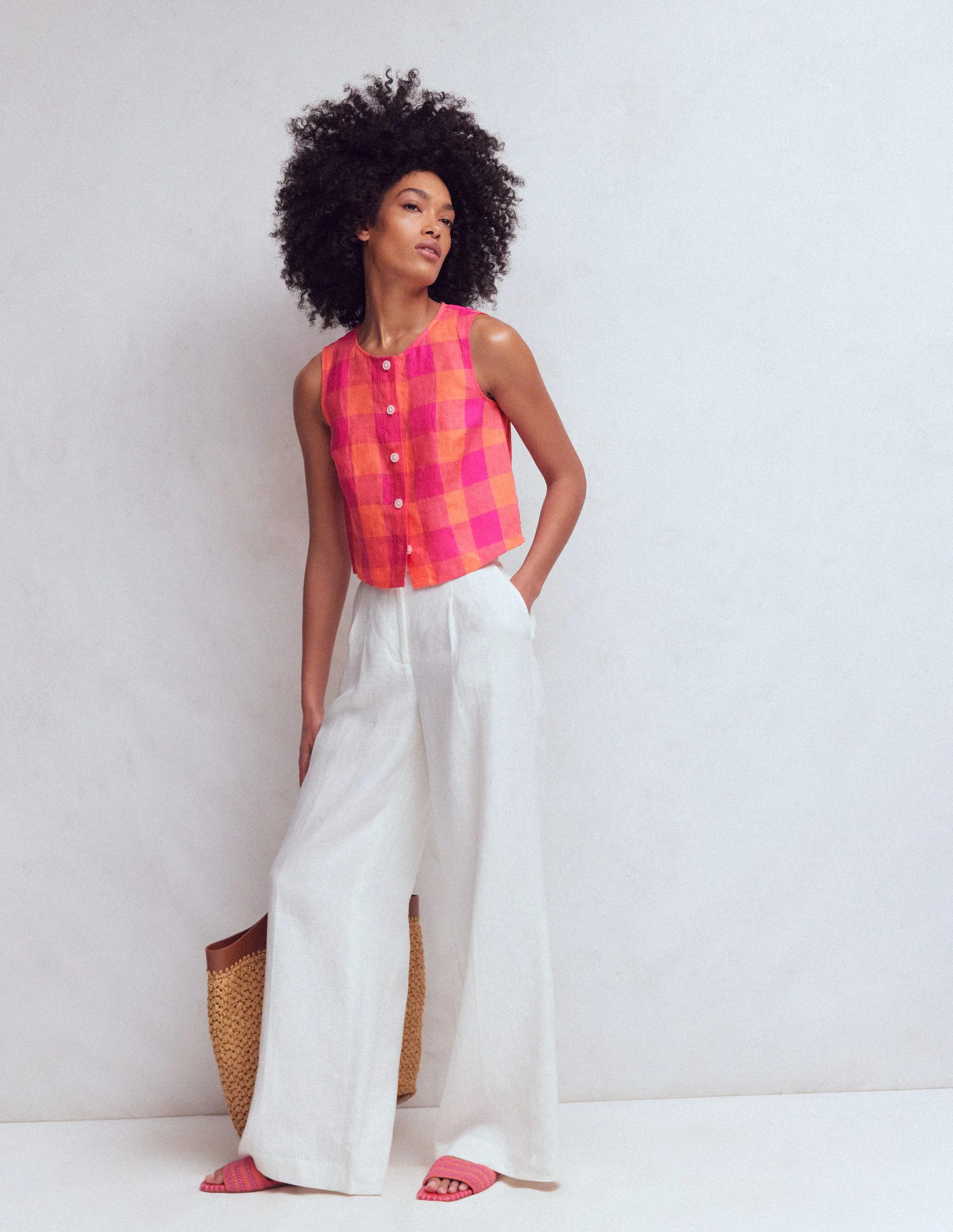 Andrea Linen Shell Top-Zesty Orange, Pink Gingham | Boden (US)