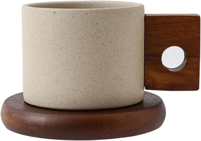 Tvvtuww Ceramic Coffee Cup Mug and Acacia Wooden Saucer Set, 8 oz Ceramic Cup for Espresso Latte ... | Amazon (US)