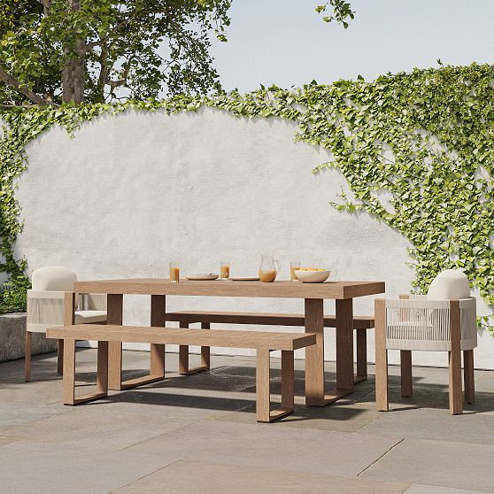 Portside Wood Outdoor Dining Table (76.5), 2 Portside Benches and 2 Porto Dining Arm Chairs, Reef | West Elm (US)