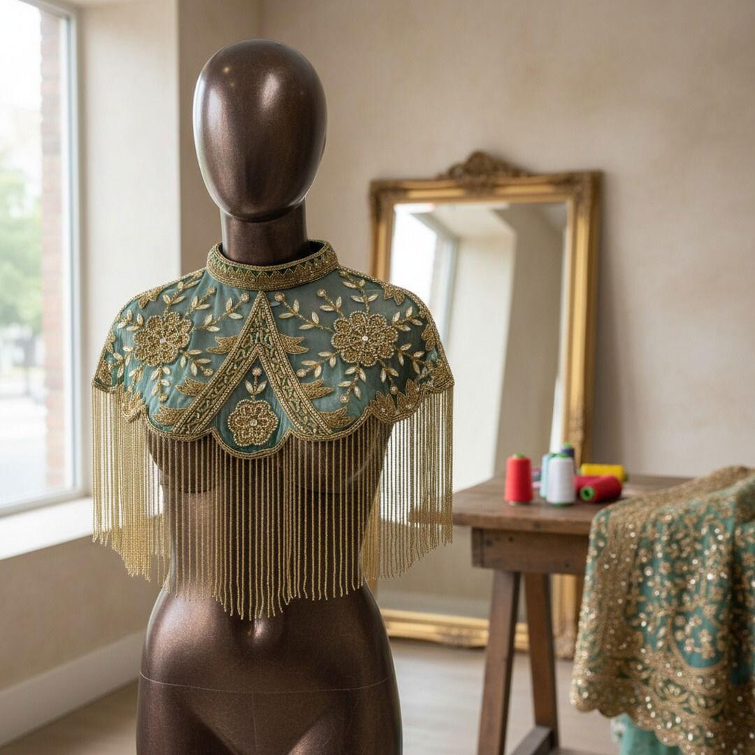 Green Gold Beaded Capelet Fringe Collar Art Deco Statement Cape Vintage Style Evening Wrap | Etsy (US)