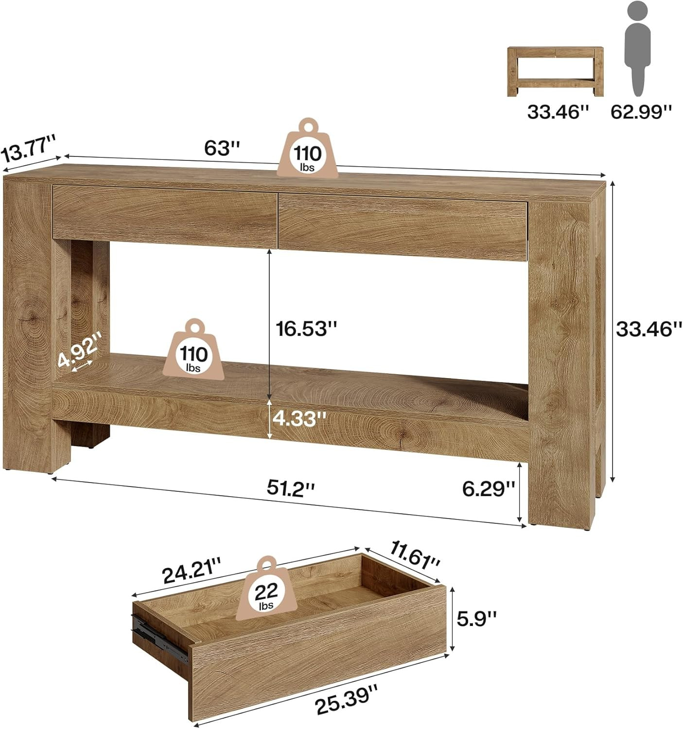 Tribesigns 63-Inch Console Table with 2 Hidden Drawers, Farmhouse Wooden Sofa Table with Storage ... | Amazon (US)