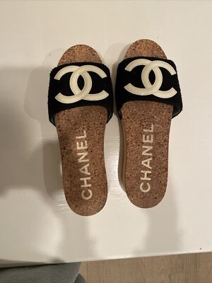 Chanel 20P Black Beige Patent CC Logo Cork Mule Slide Platform Sandal Wedge 37 | eBay US