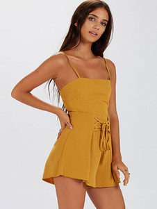 Women Sexy Romper Yellow Lace Up Spaghetti Straps Backless Summer Short Playsuit | Milanoo US