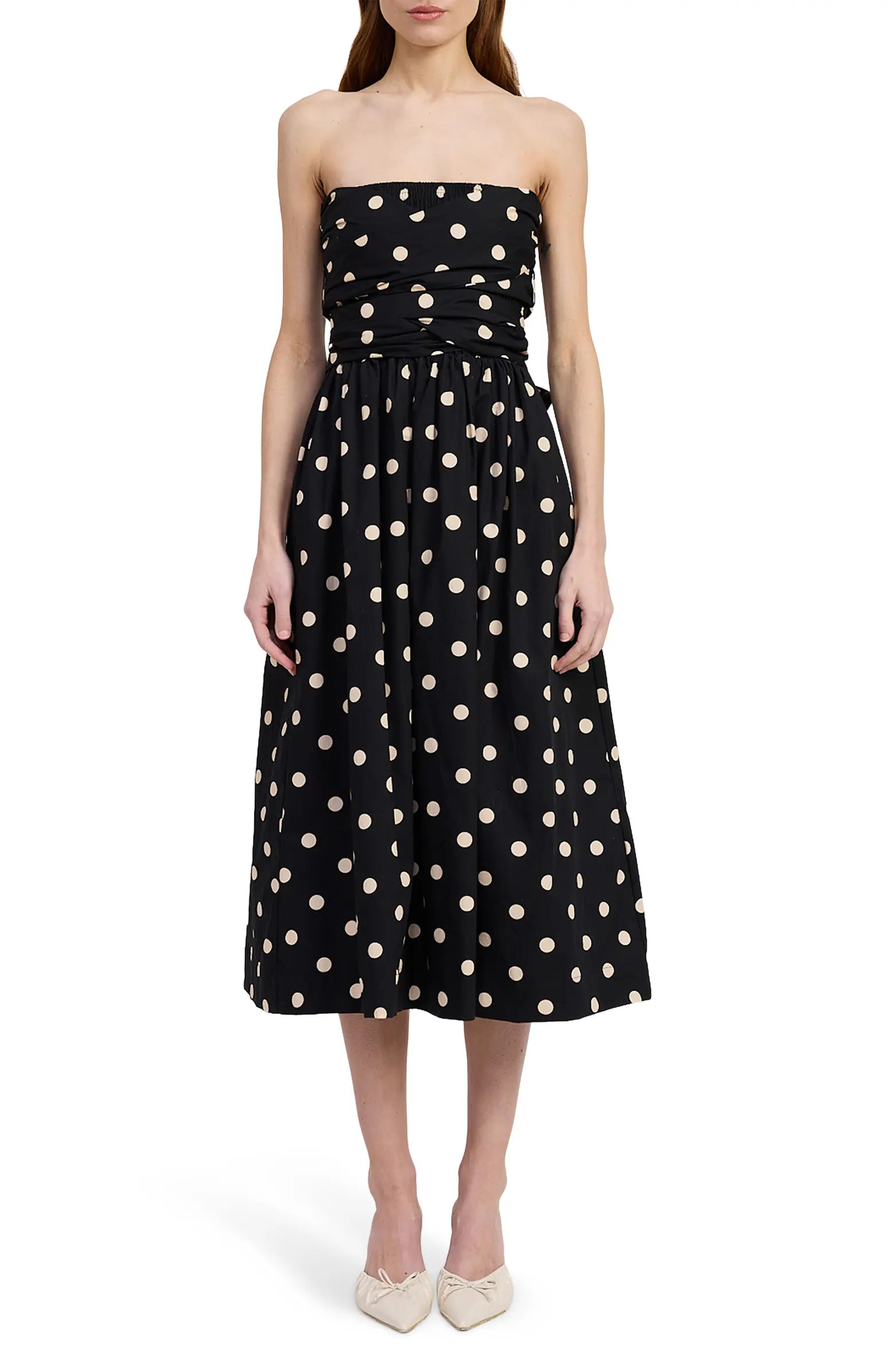 Josephine Polka Dot Strapless Cotton Midi Sundress | Nordstrom