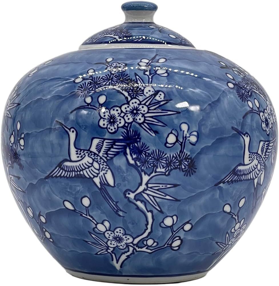 Galt International 8" Blue & White Floral Crane Chinoiserie Jar w/Lid Decorative Ginger Jar Cente... | Amazon (US)