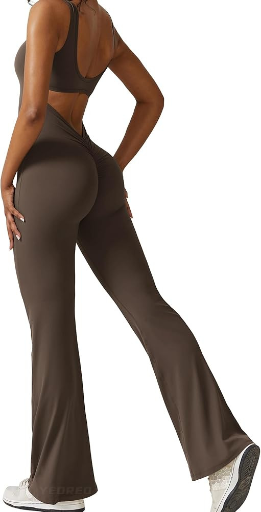 YEOREO Women Workout Scrunch Flare Jumpsuits Sexy Backless Butt Lift Gym Yoga Jumpsuits | Amazon (US)