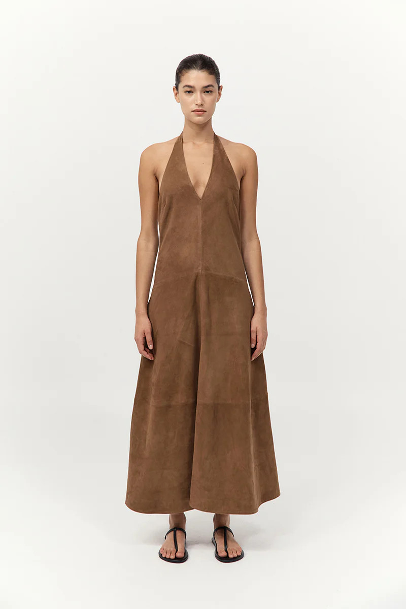Suede Halter Plunge Dress - Toffee | St. Agni (US, UK, EU)