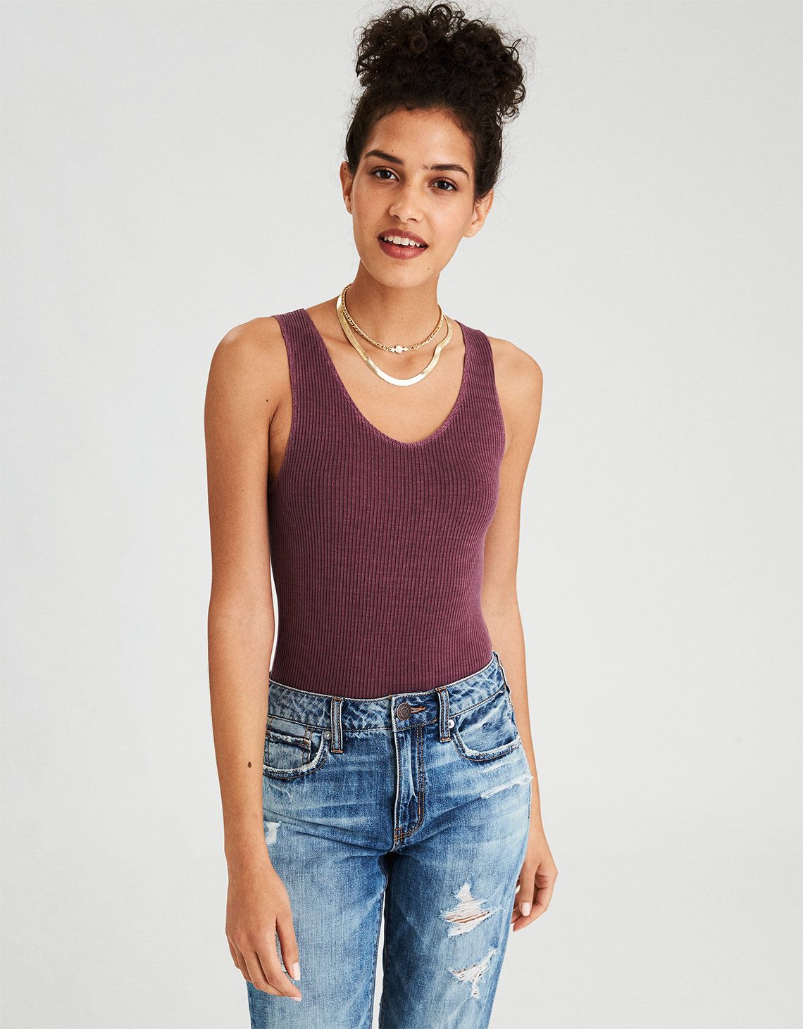 AE Soft & Sexy Corset-Back Bodysuit, Plum | American Eagle Outfitters (US & CA)