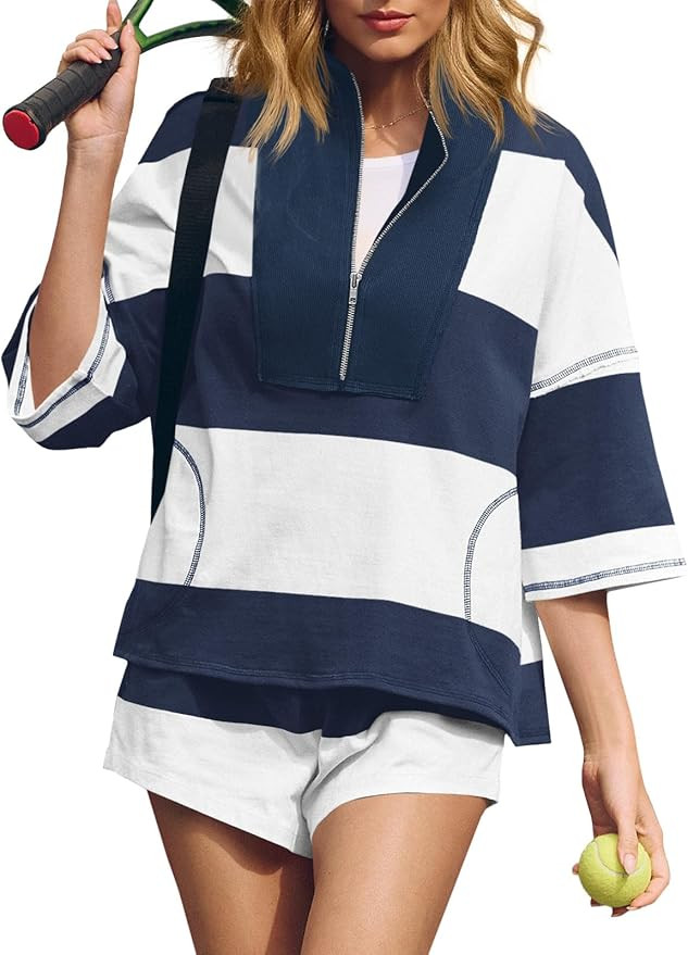 Fisoew Womens 2 Piece Outfits Summer Striped Sweatshirt Workout Shorts Sets Matching Lounge Set T... | Amazon (US)