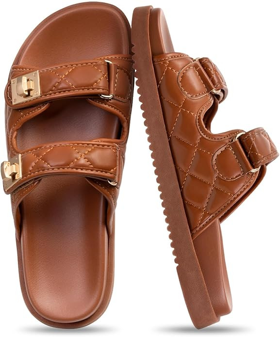 FITORY Women's Flat Sandals Classic Adjustable Double Strap with Cushioned Footbed for Summer Siz... | Amazon (US)