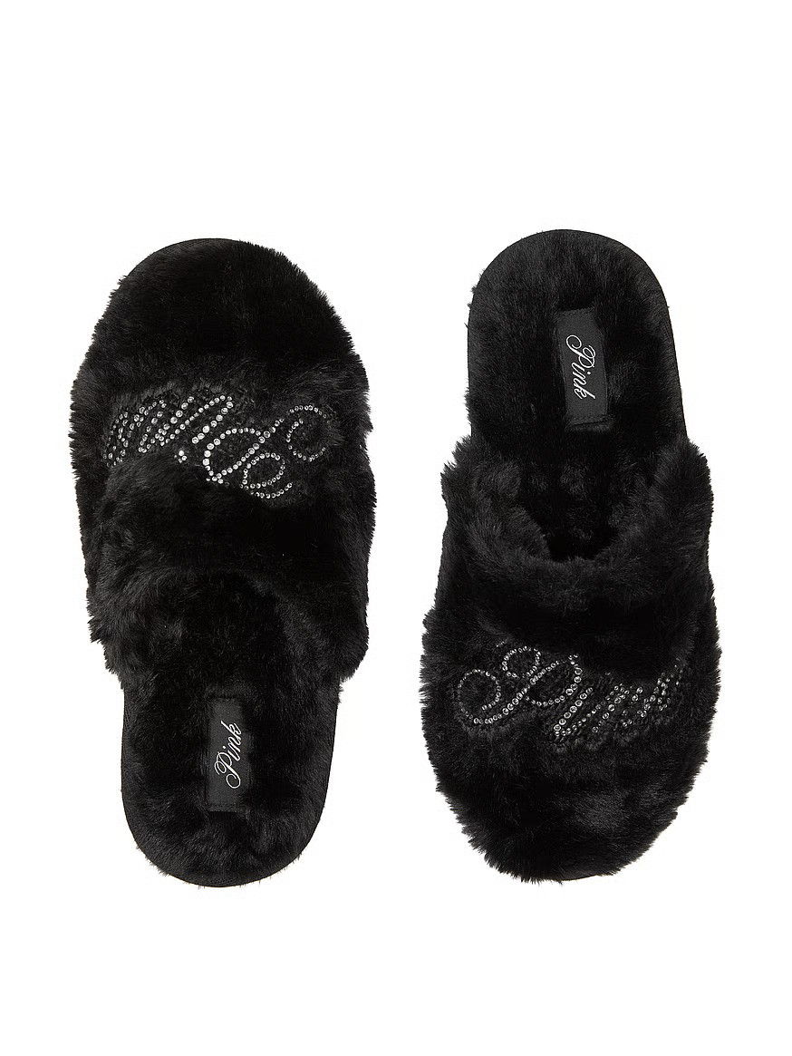 Buy Faux-Fur Closed-Toe Slippers, Bright Vermillion Bling Logo - Order Slippers online - PINK US | Victoria's Secret (US / CA )